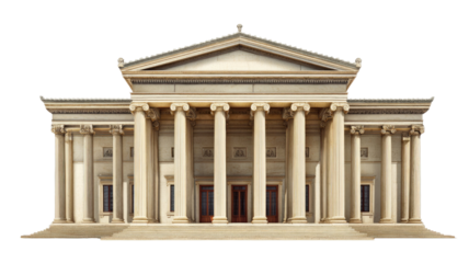 Elegant classical style building with columns, detailed facade, and symmetrical architecture surrounded by stone steps isolated on white background
