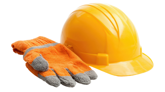 Protective helmet and gloves safety equipment for construction work industry, personal protective gear, head and hand protection isolated on white background