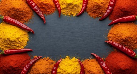 Colorful spices and red chili peppers arranged in a circular frame on a dark background.