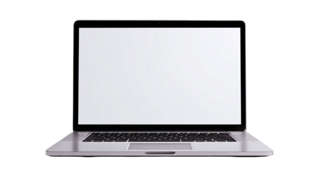 Modern silver laptop computer with blank black screen and keyboard open for work or study isolated on white background