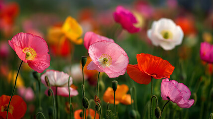 Fototapeta premium sedative. Field of poppy flowers swaying in gentle breeze, botanical tranquility scene. gardening catalogs, home-decor guides, designed for home decor and floral branding.