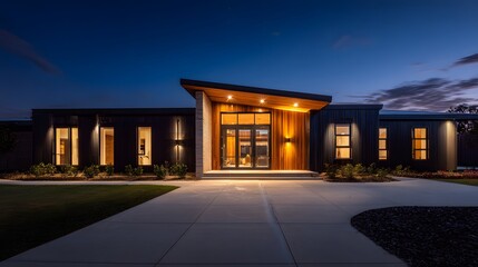 Obraz premium Contemporary single story dwelling glows with warm interior light against a deep twilight sky