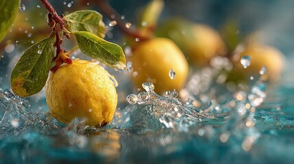 Juicy yellow quince plummets into tranquil lake generating dynamic burst of shimmering waves