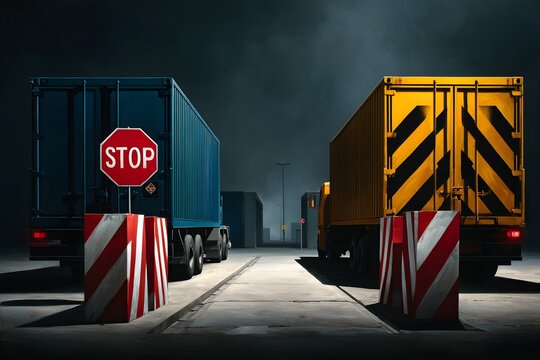 Lastwagen auf n&auml;chtlicher Baustelle mit Stoppschild
