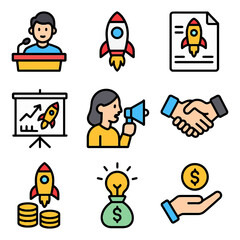 Business startup icons: rocket, presentation, investment, marketing, partnership.