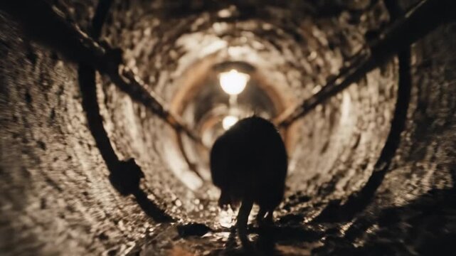 rat running inside a undeerground tunnel, sewer pipe