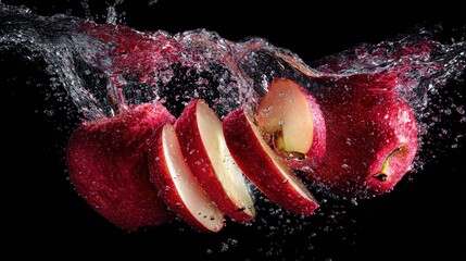 Red apple slices splashing water dynamically crisp macro shot droplets sparkling health and freshness theme perfect for advertising or packaging