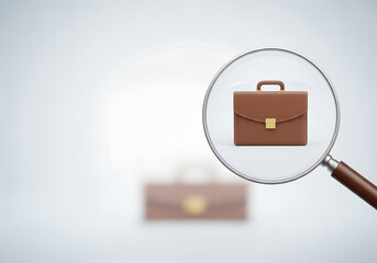 Magnifying glass focusing on brown leather briefcase symbolizing career focus, business management, and job opportunity success