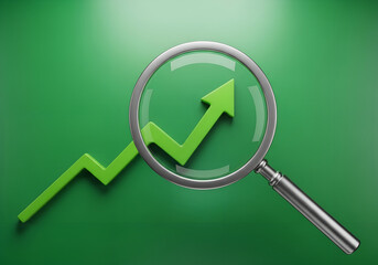 Magnifying glass highlighting upward green arrow symbolizing business growth, success, positive financial performance, and analytics