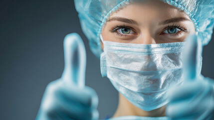 Female doctor smiling and giving thumbs up in an operating room on a blue background, promoting health and wellness