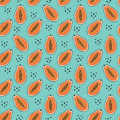 Tropical papaya seamless pattern on a bright blue background