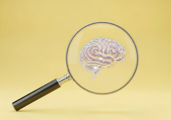 Magnifying glass focusing on digital brain hologram symbolizing artificial intelligence, innovation, machine learning, and future technology