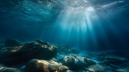Obraz premium Brilliant sunbeams penetrate deep blue ocean water illuminating submerged rocks on the seabed