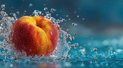 Dynamic splash as a whole peach drops into a serene blue pool high contrast motion frozen studio shot minimalist style