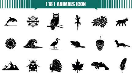 Collection of dolphin, snowflake, owl, lizard, flowers, lynx,  various black and white animal and nature icons