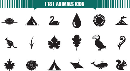 Collection of icon, silhouette, vector, animal, plant, nature,  diverse black and white silhouette vector icons