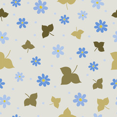 Blossoms of Hepatica and leaves seamless pattern. Botanical seamless pattern.
