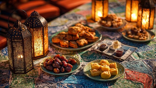 ramadan food on the table with arabic lanterns and colored lights. dates, fruit, scones, cookies, grapes, and oranges in the background.