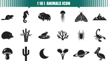 A collection of diverse black and white animal and plant icons