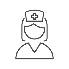 Nurse flat line icon. Vector outline pictogram of female healthcare worker with medical cap and cross, shoulders and head silhouette, symbolizing hospital staff, care, and medical service profession.