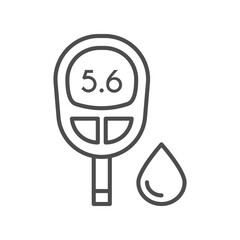 Glucometer flat line icon. Vector outline pictogram of blood glucose meter displaying reading with droplet, medical device for diabetes monitoring, testing, and sugar level measurement