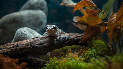 Fototapeta premium A frog rests on a log surrounded by moss and leaves in a naturalistic environment.