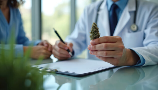 Doctor consults patient about medical cannabis use. Physician holds marijuana bud, discusses treatment benefits and legal aspects. Patient receives advice on therapy and wellness.