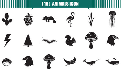 A collection of cactus, grapes, manatee, flamingo, cattail, jellyfish, diverse black and white animal and plant icons