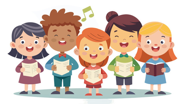 Vector illustration of five cheerful children in a choir, singing joyfully together, isolated on white background
