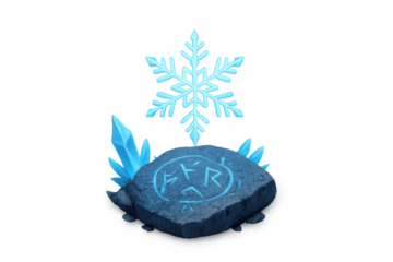 Ice rune power stone with glowing snowflake and blue crystals, fantasy game asset, magic frost concept