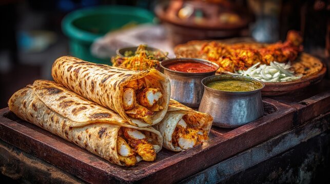 Traditional Indian Food Kathi roll golden paratha succulent grilled chicken tangy chutney vibrant street food stall lively market background
