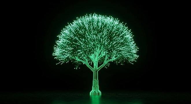 Glowing green tree made of fiber optics on a black background, symbolizing growth, technology, and nature in a futuristic concept.jpeg