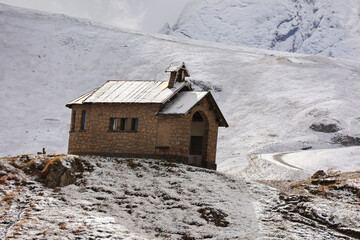 The Chapel of the Holy Cross Chapelat Passo Pordoi- Dolomites, South Tyrol, Italy
