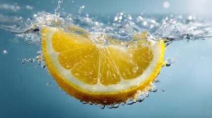 Citrus slice creates splash as it plunges into clear liquid