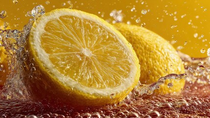 Juicy lemon slices splashing water sparkling ripples vivid yellow hues crisp macro details refreshing summer vibe for imagery