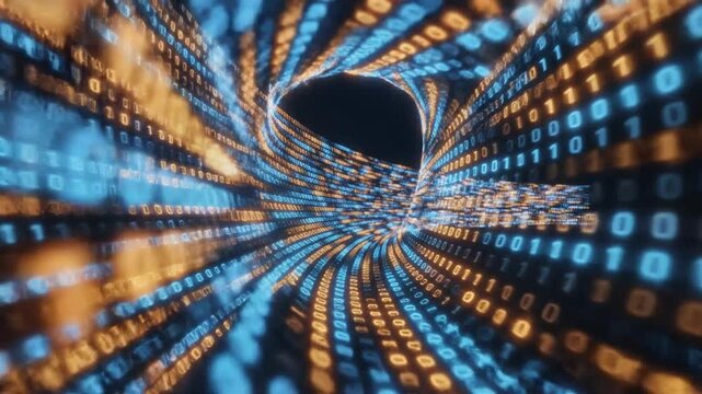 Glowing binary code in curved motion with blue and orange lights on dark background, symbolizing data transfer, digital communication, and futuristic information flow. 53810776 1