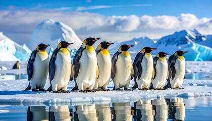 Group of Emperor Penguins Standing on Ice in Antarctica &ndash; Wildlife Photography of Penguins in Polar Landscape with Snow and Ocean Reflections