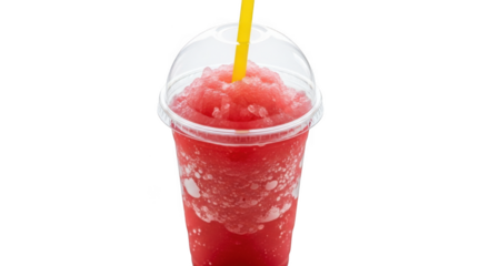 Refreshing red slushy drink in a clear plastic cup with a yellow straw isolated on transparent background