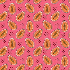 Pink seamless pattern with hand drawn orange papaya halves