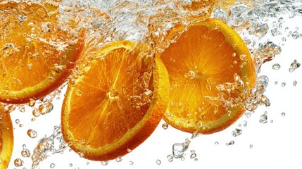 Colorful orange slices splashing water crisp droplets refreshing citrus vibe dynamic action shot isolated white background photo appeal