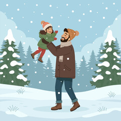 A father and his kid playing together in the park during winter. Illustration for social media posts, banners, or presentations.