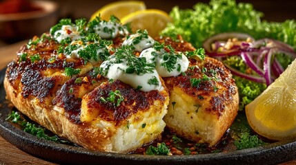 Close-up of Traditional Turkish Food Balık ekmek golden fish in crusty bread with fresh lettuce onions and lemon rustic wooden table setting