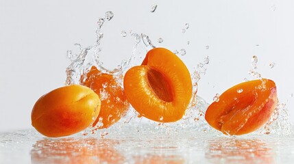 Juicy apricot slices splashing water with dramatic droplets macro close-up isolated on white background minimal style food photography for images