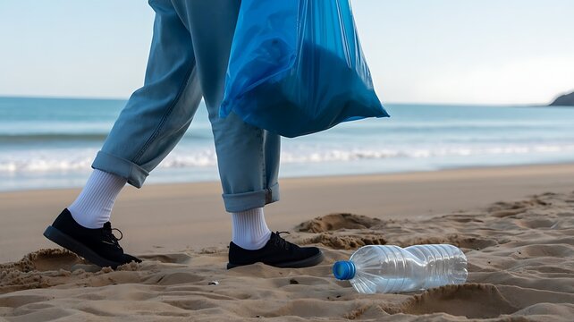 Person collecting plastic bottle from beach during cleanup effort