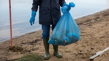 Person in blue gloves and boots holding a full blue trash bag on a beach