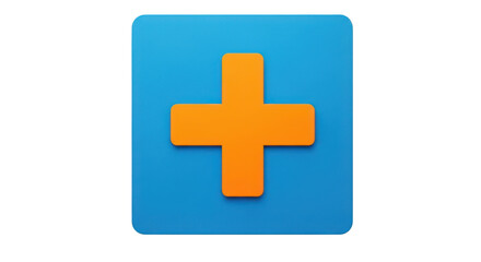 Fototapeta premium Bright orange plus sign icon symbol on blue square background simple graphic design element isolated on transparent background