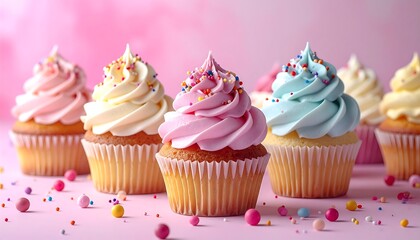 A row of colorful cupcakes with swirled frosting and sprinkles, set against a soft pink background.