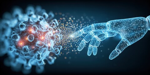 An artistic vision of rising automation and computing blending with biotech breakthroughs, interconnected by global connectivity and driven by sustainable funding and seamless integration