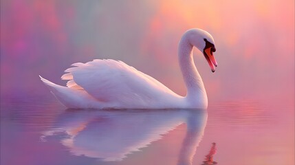 Majestic white bird gracefully floats upon tranquil water bathed in soft twilight hues