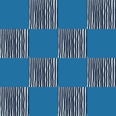 Modern Indigo Checkerboard Seamless Pattern, Minimalist Blue Geometric Textile and Wallpaper Design, Abstract Brushstroke Stripe Background